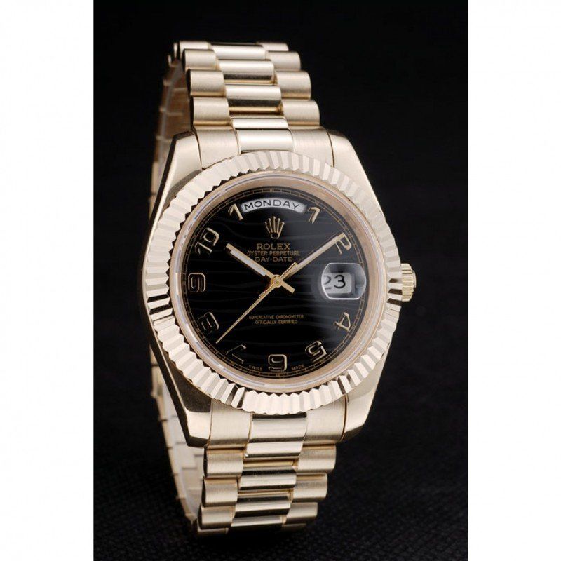 Swiss Day-Date Gold Stainless Steel Ribbed Bezel Black Dial 41998