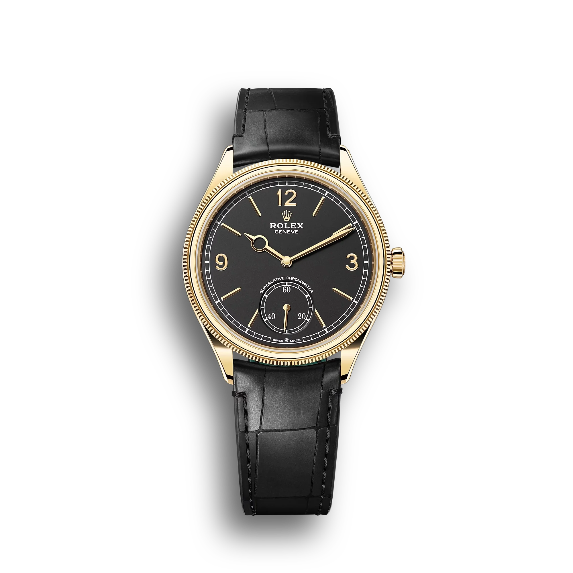 1908: yellow gold, Intense black dial, alligator leather strap, m52508-0002