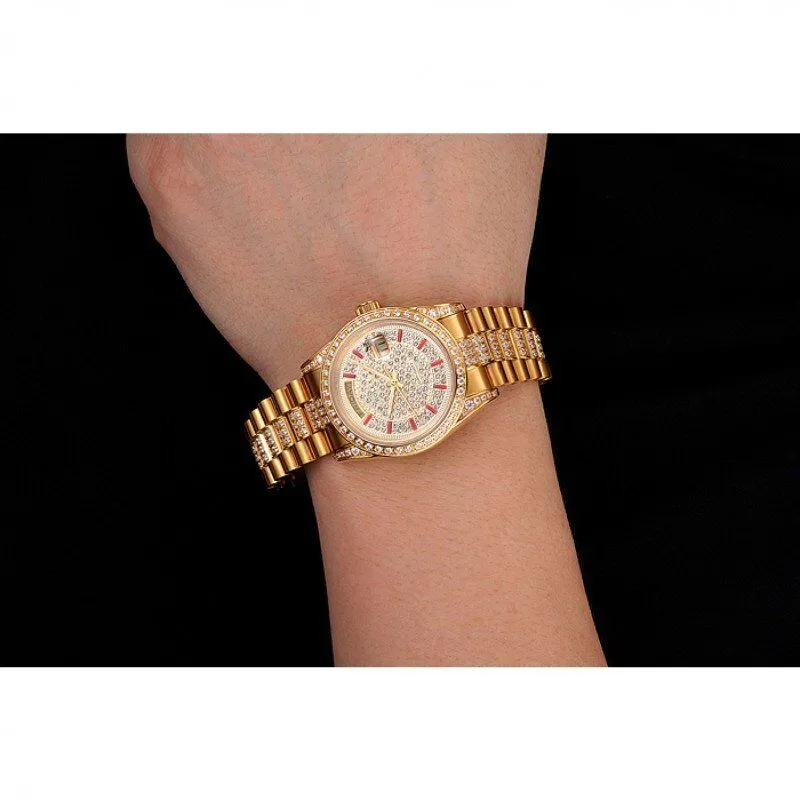 Swiss Day-Date Red Diamond Pave Dial Gold Diamond Bracelet 1453960
