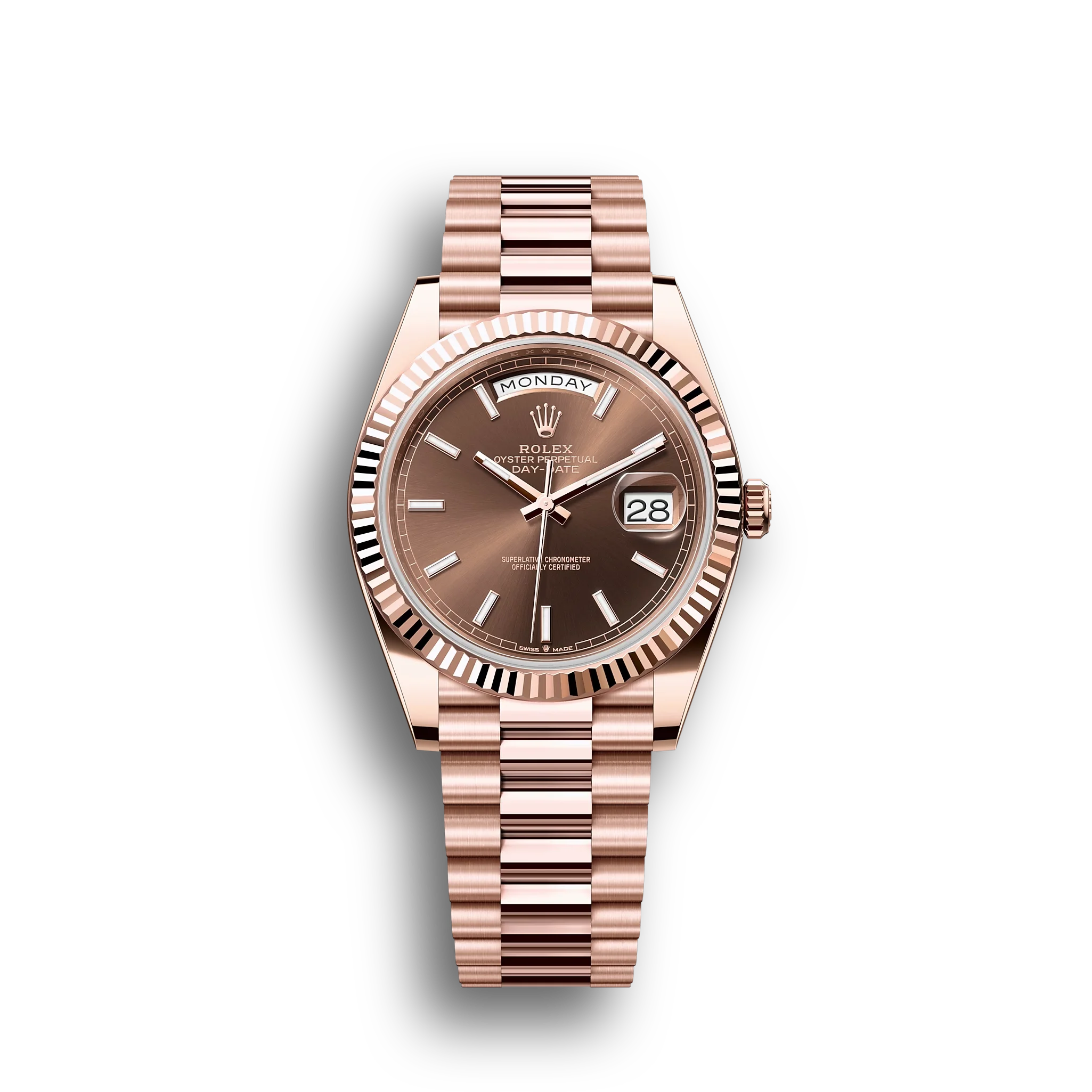 Day-Date: 40 Everose gold, chocolate dial, fluted bezel, President bracelet, m228235-0053