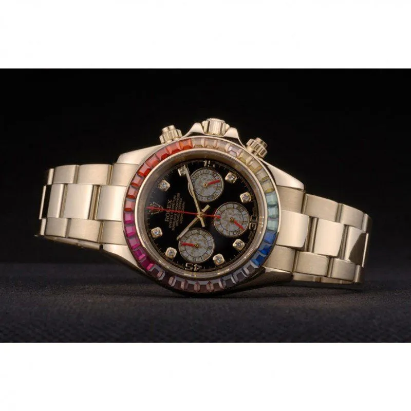 Daytona Cosmograph Rainbow Crystals Bezel Rose Gold Strap Black Dial 80251