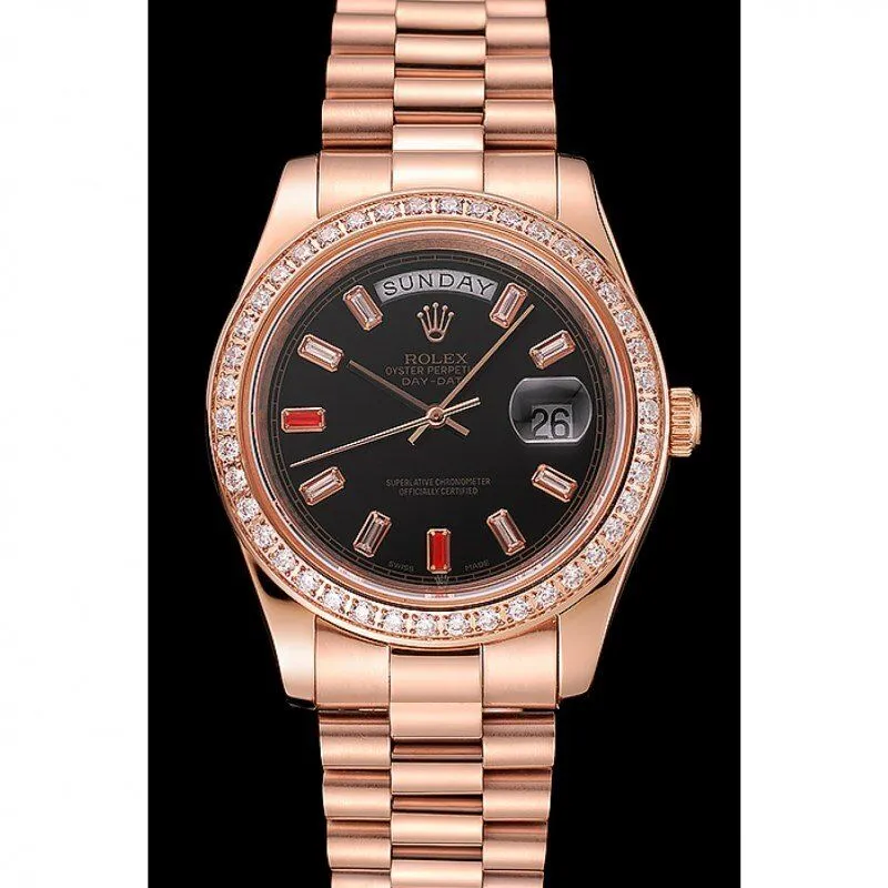 Swiss Day-Date Diamonds And Rubies Black Dial Rose Gold Bracelet 1454102