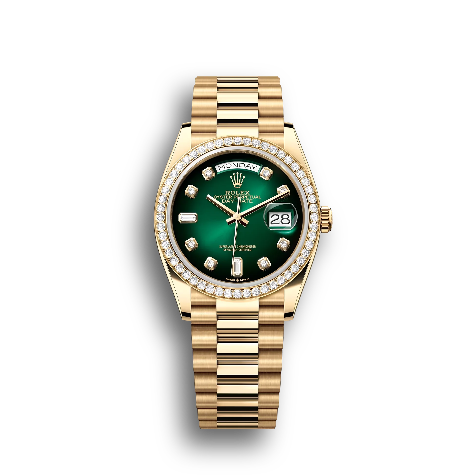 Day-Date: Yellow gold, green ombré, diamond-set dial, diamond-set bezel, President bracelet, m128348rbr-0035