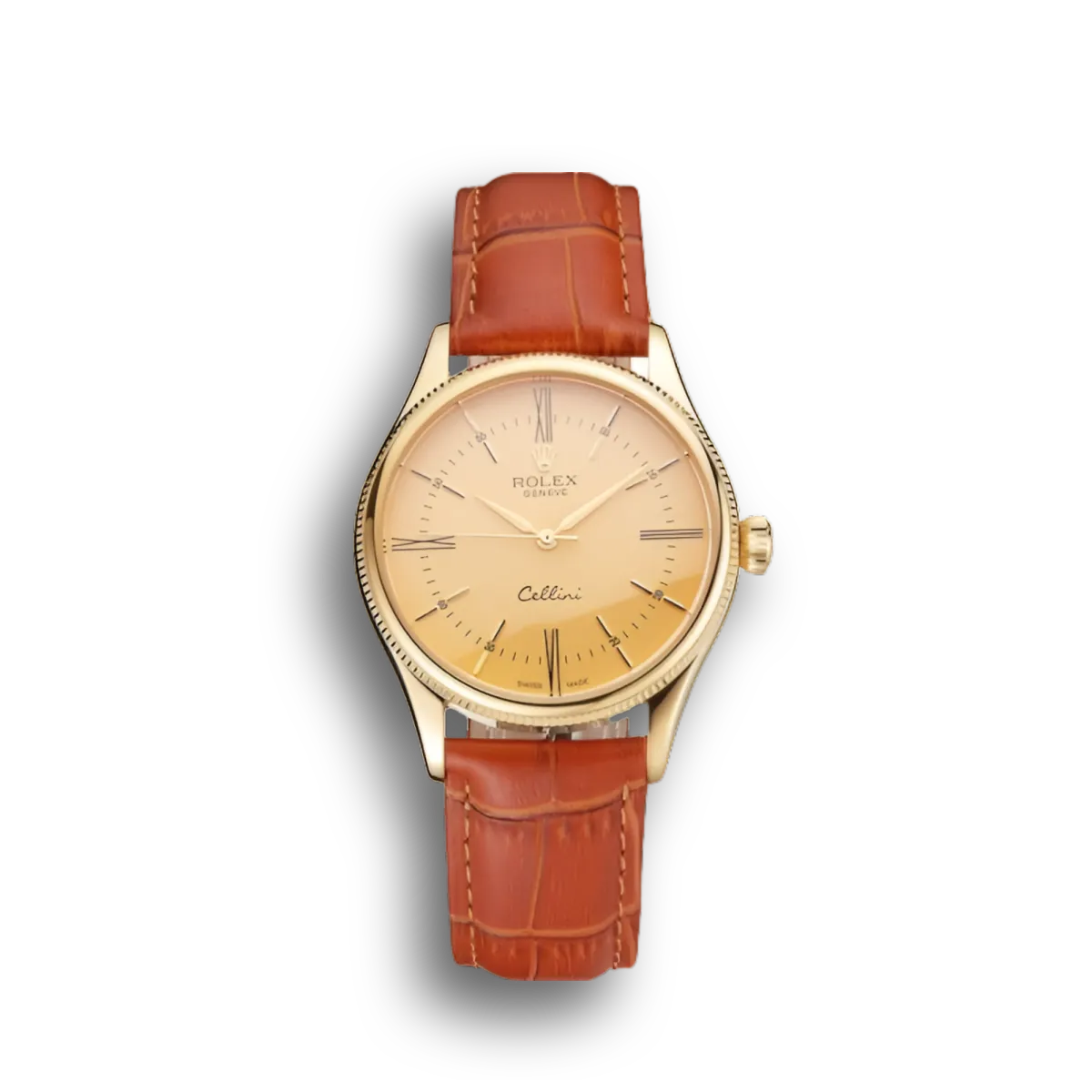 Swiss Cellini Gold Dial Roman Numerals Gold Case Light Brown Leather Strap