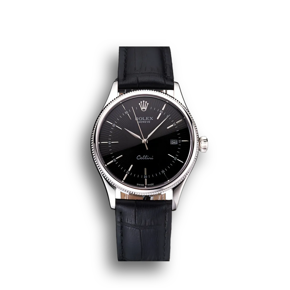 Swiss Cellini Date Black Dial Stainless Steel Case Black Leather Strap