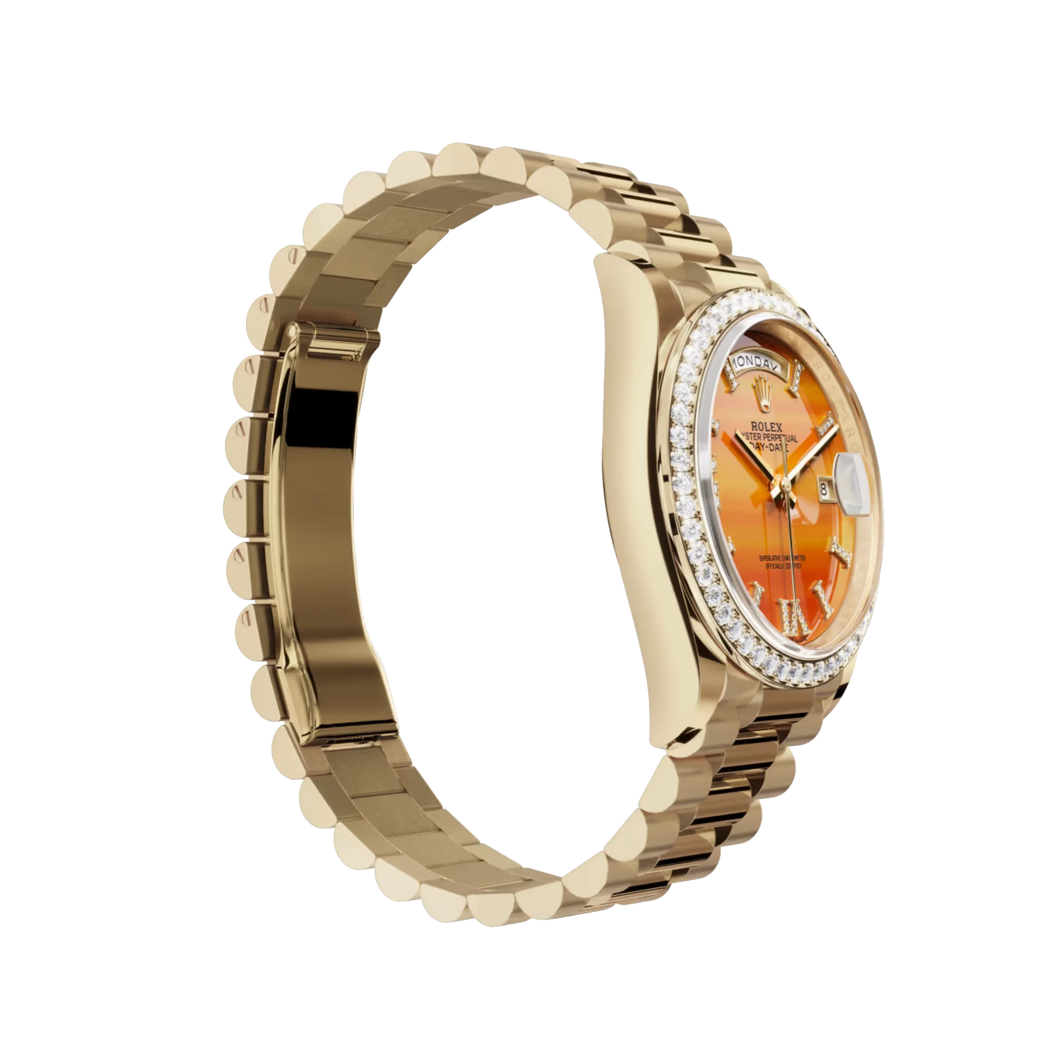 Day-Date: Yellow gold, with a carnelian, Diamond-set dial, Diamond-set bezel and a President bracelet, m128348rbr-0049