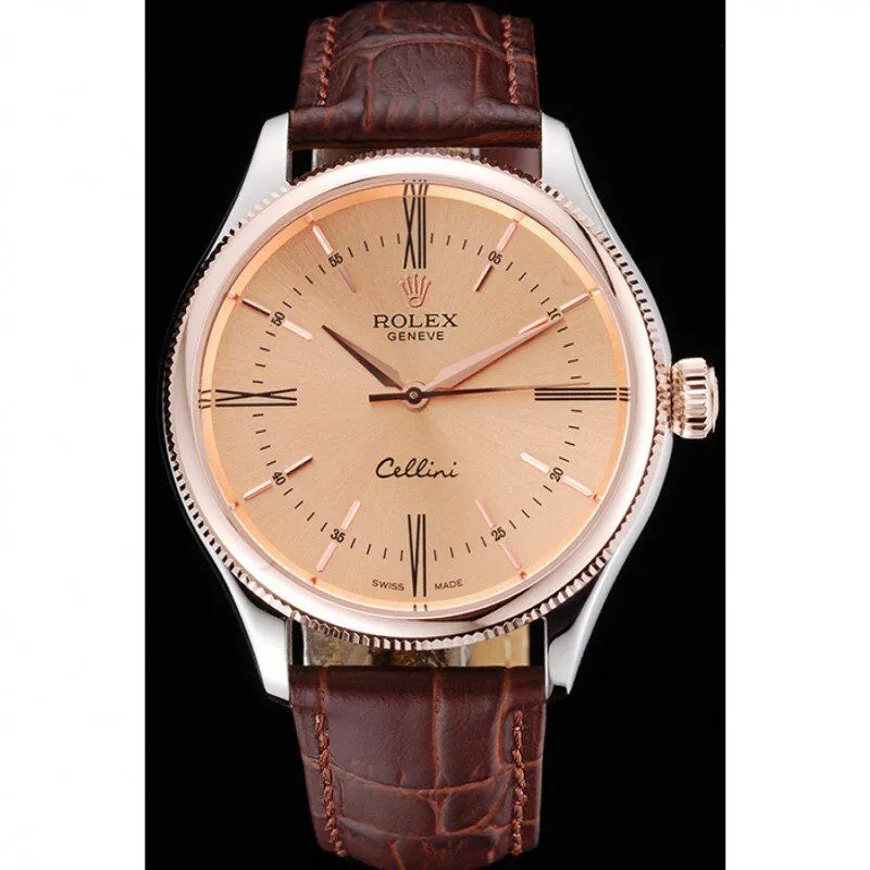Cellini Gold Dial And Bezel Stainless Steel Case Brown Leather Strap 622840