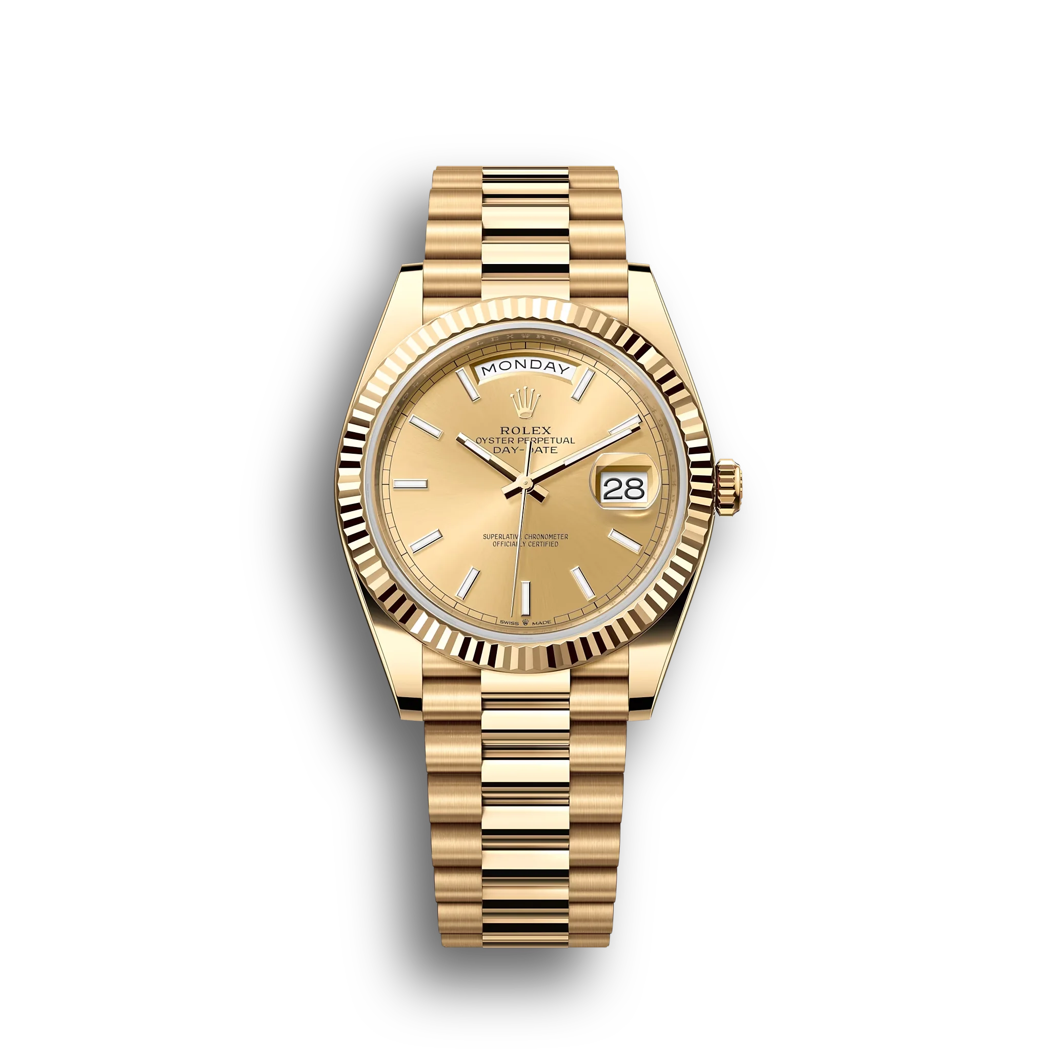 Day-Date: Yellow gold, champagne-colour dial, fluted bezel, President bracelet, m228238-0003