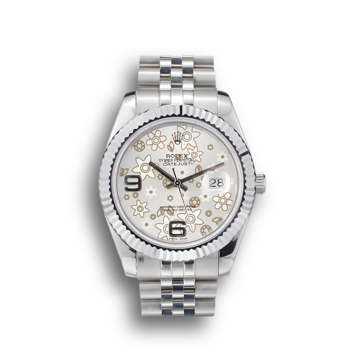 DateJust Stainless Steel Ribbed Bezel Flower Silver Dial 41983