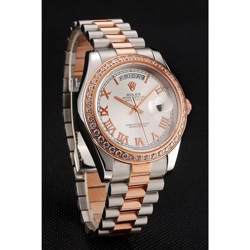 Swiss Day-Date Diamonds Bezel White Dial Rose Gold And Staineless Steel Bracelet 1454108