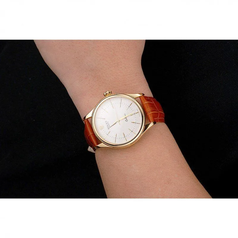 Swiss Cellini White Guilloche Dial Gold Case Light Brown Leather Strap