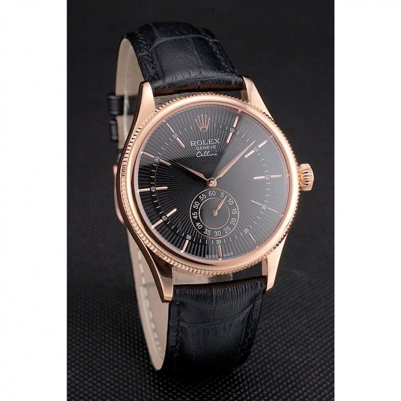 Swiss Cellini Black Dial Rose Gold Case Black Leather Strap