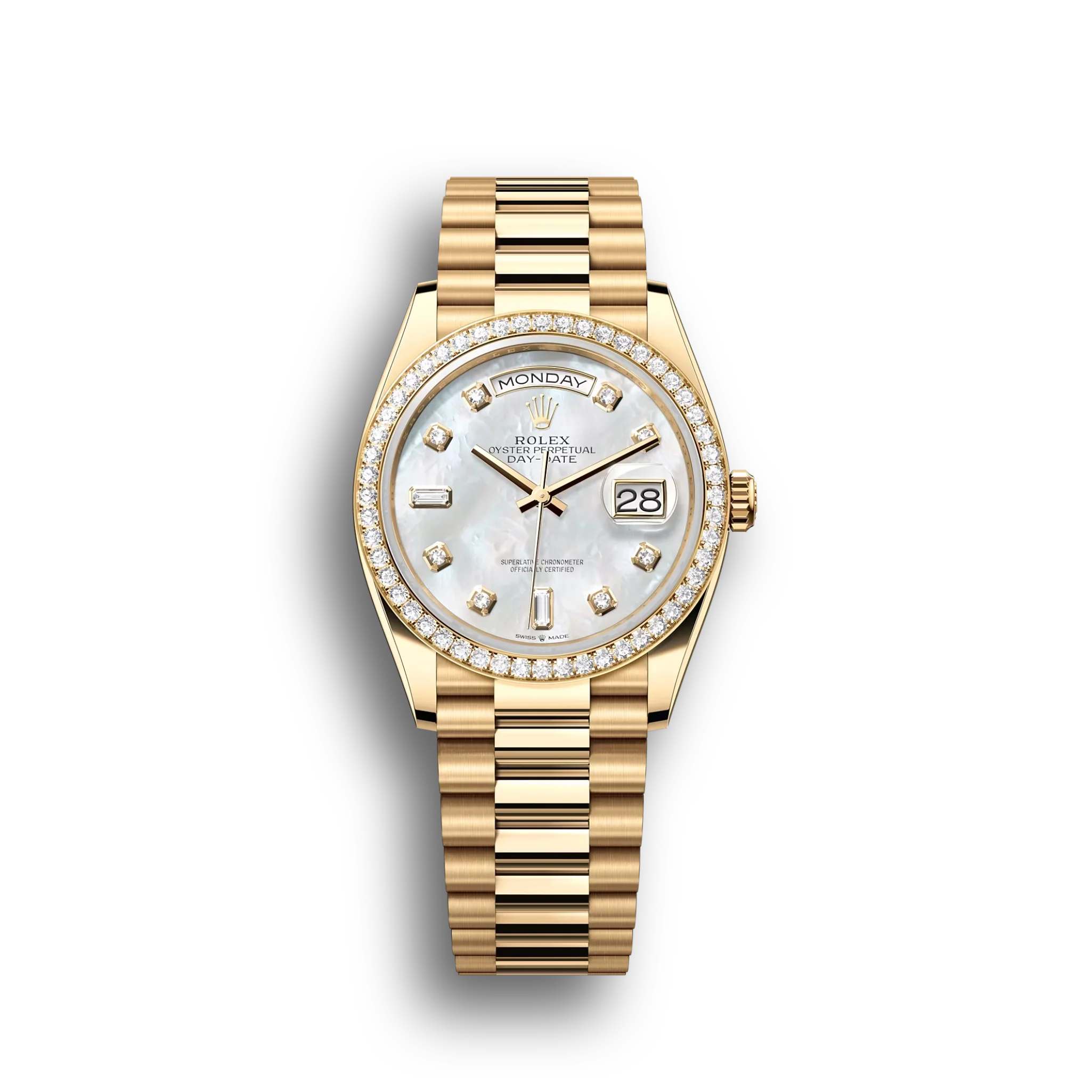 Day-Date: Yellow gold, white mother-of-pearl, diamond-set dial, diamond-set bezel, President bracelet, m128348rbr-0017