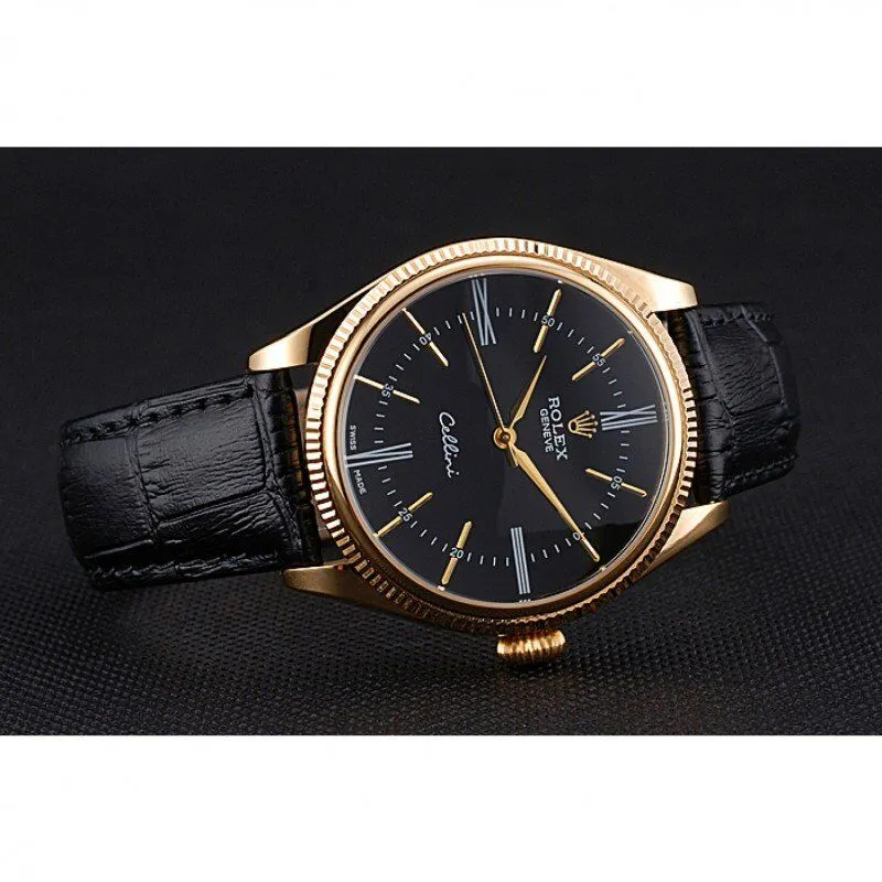 Cellini Black Dial Gold Case Black Leather Strap 622832