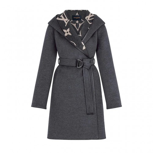 louis vuitton hooded wrap cashmere coat with belt 1A82GP Black