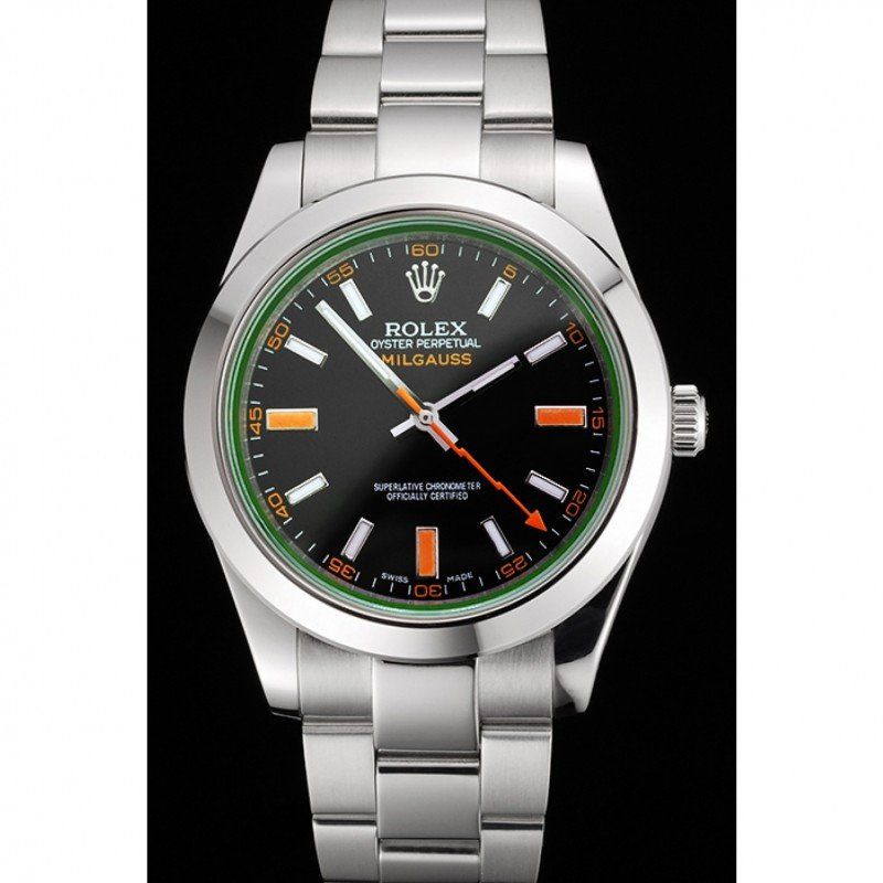 Swiss Milgauss Black Dial Orange Markings Stainless Steel Case And Bracelet
