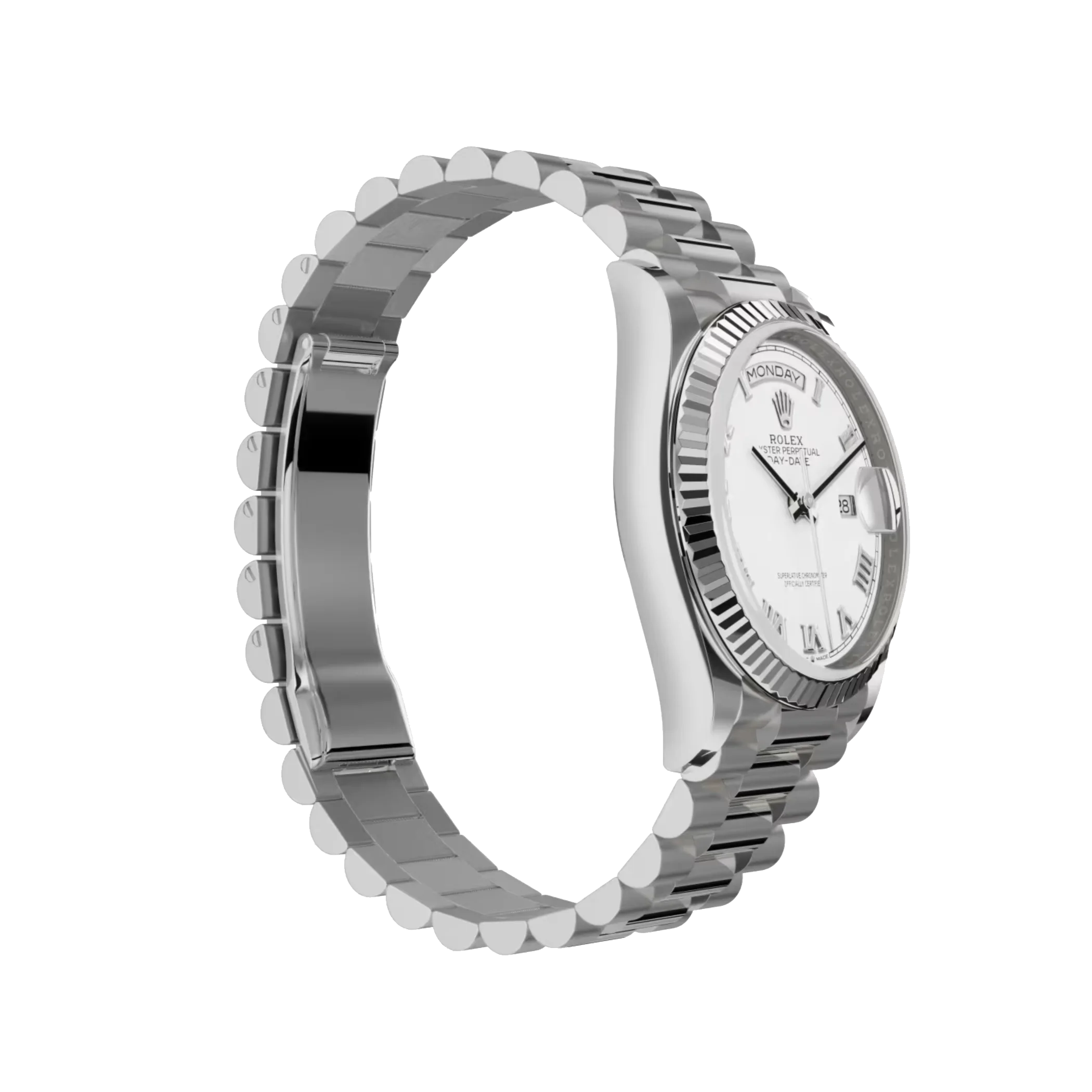 Day-Date: White gold, white dial, fluted bezel, President bracelet, m128239-0038