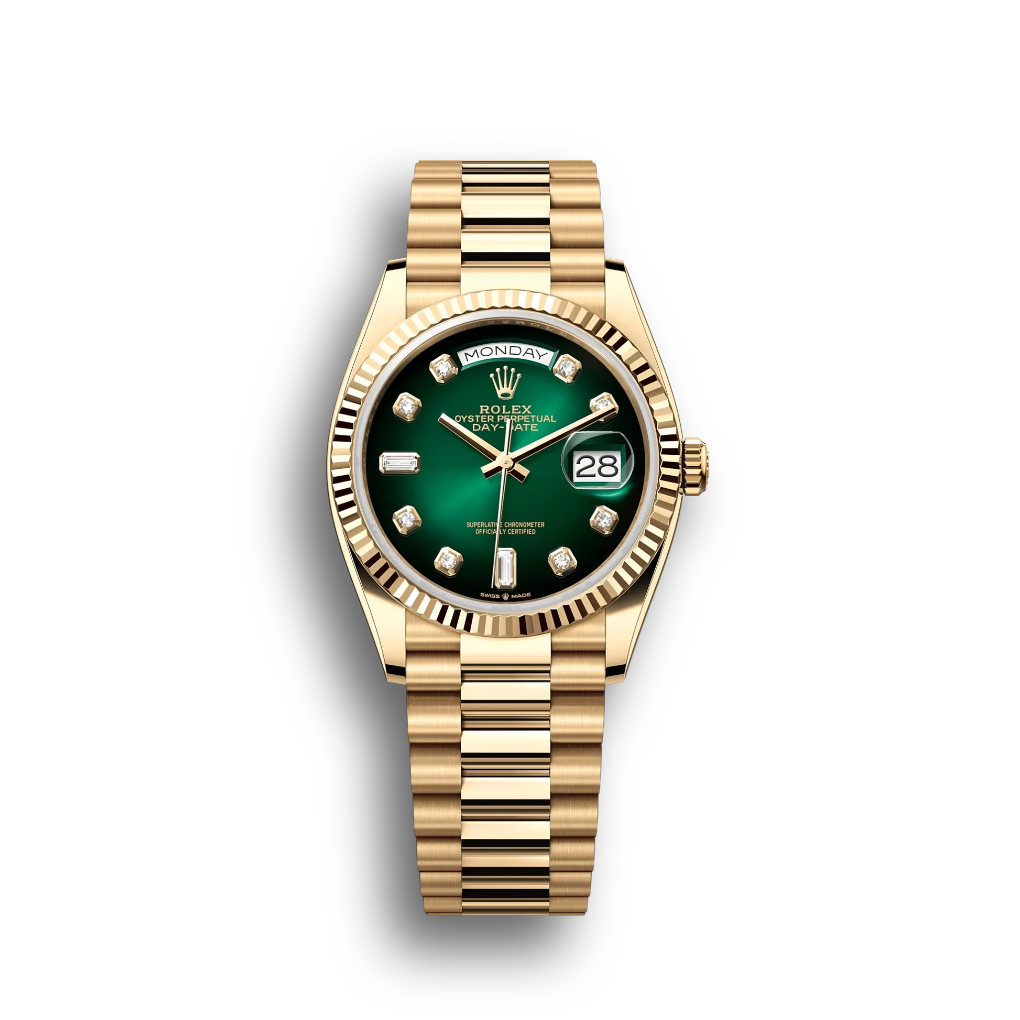 Day-Date: Yellow gold, green ombré, diamond-set dial, President bracelet, m128238-0069