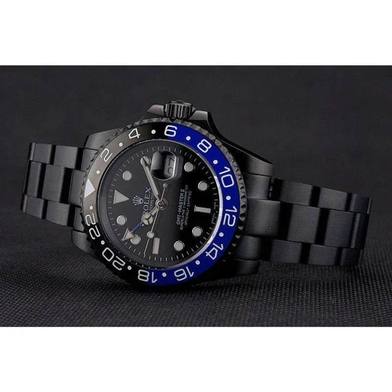 Swiss GMT Master II Black Dial Blue And Black Bezel Black PVD Case And Bracelet PR18239