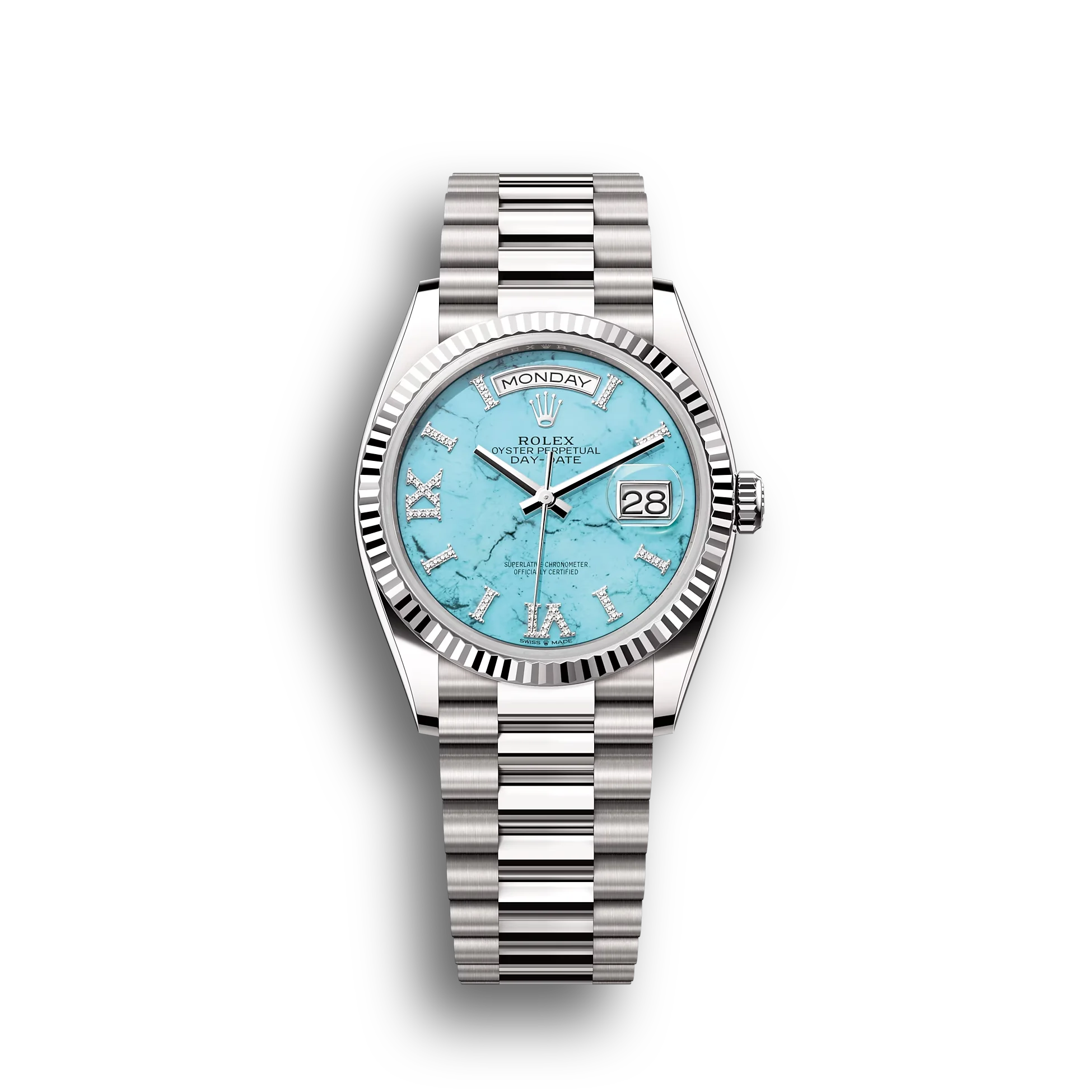 Day-Date: White gold, turquoise, diamond-set dial, fluted bezel, President bracelet, m128239-0044