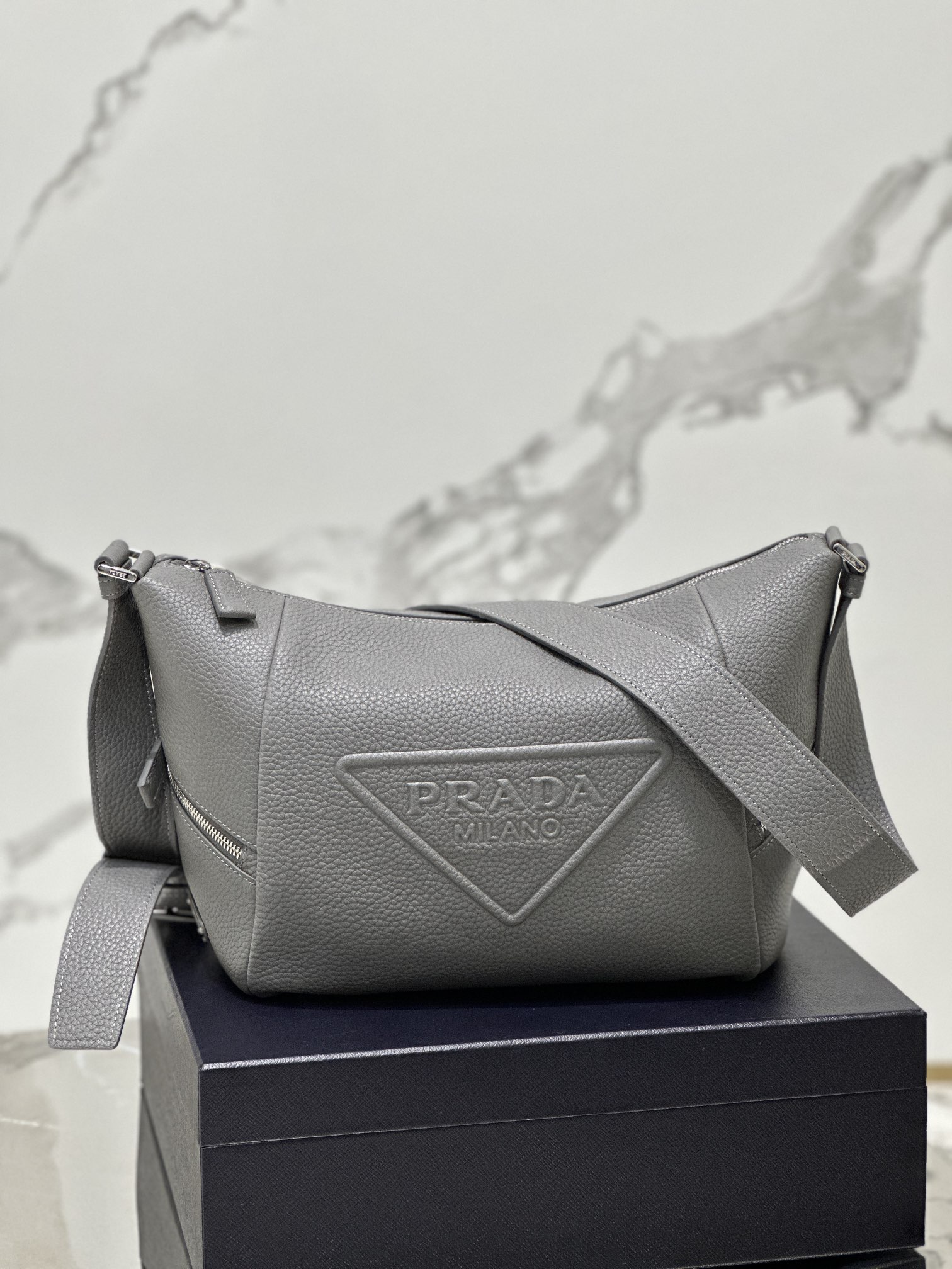 Prada 2VH165 Leather Bag with Shoulder Strap Gray