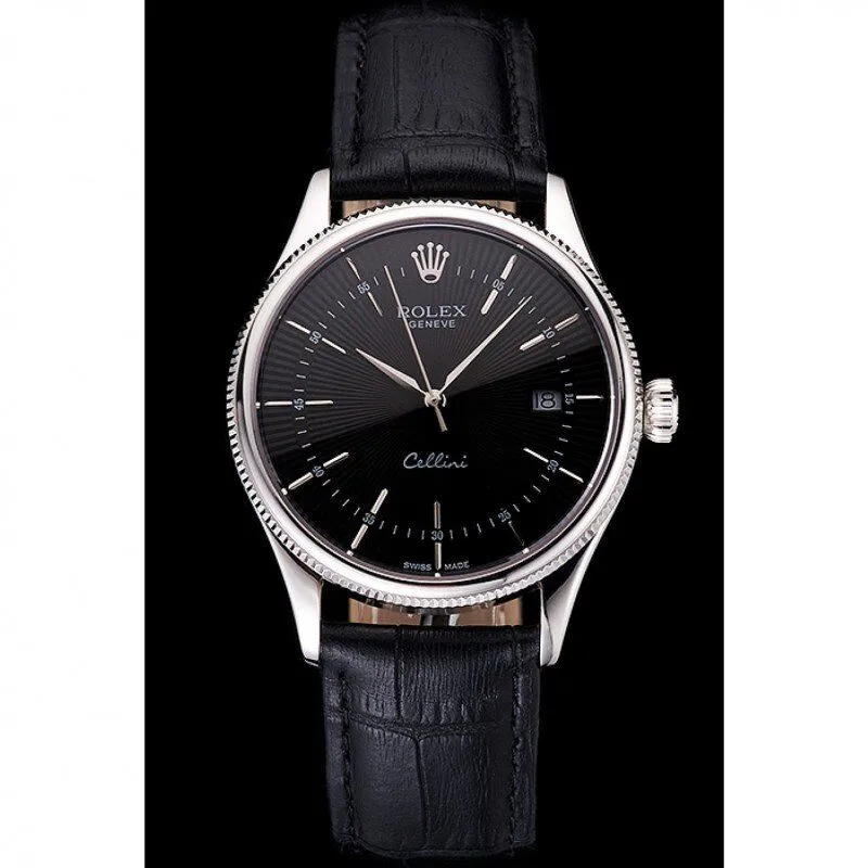 Swiss Cellini Date Black Dial Stainless Steel Case Black Leather Strap