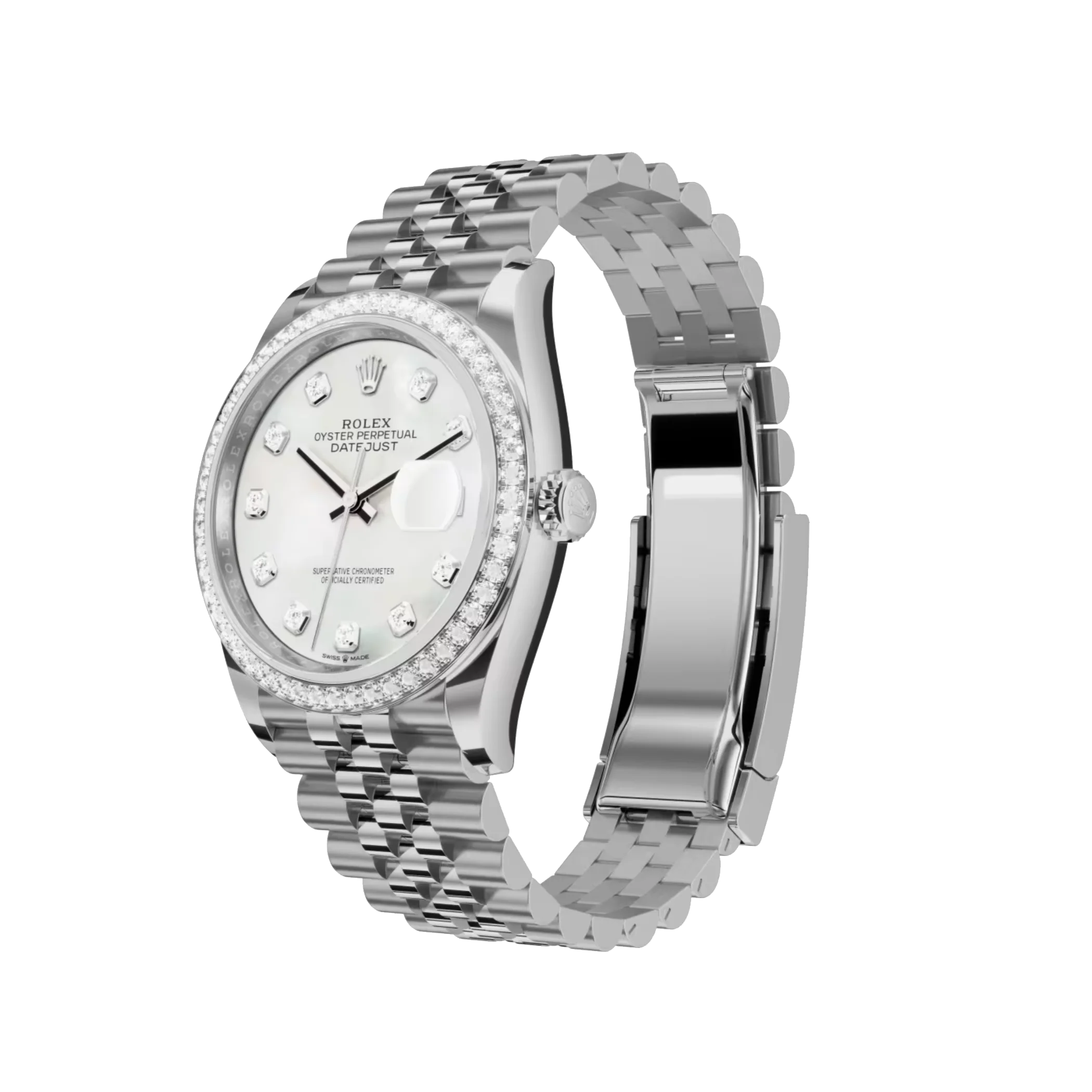 Datejust: White gold, white mother-of-pearl, diamond-set dial, Jubilee bracelet, m126284rbr-0011