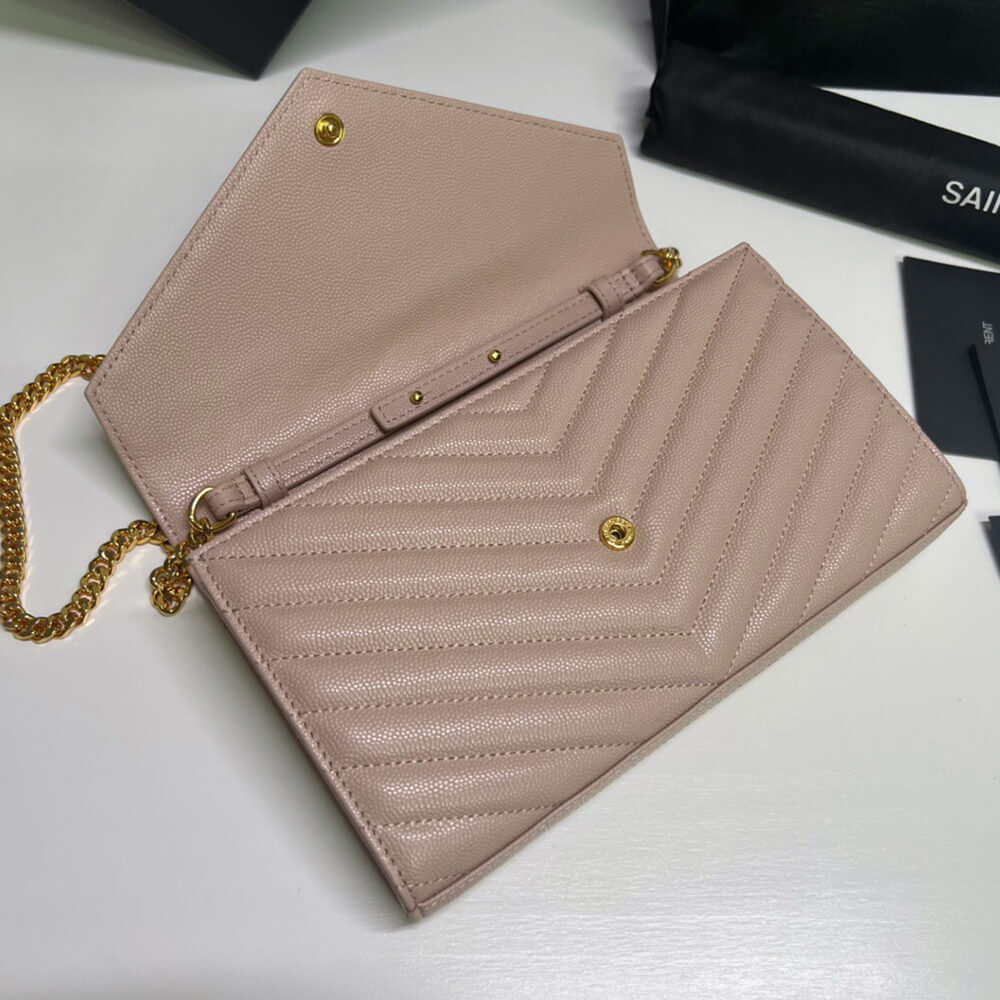 YSL CASSANDRE MATELASSÉ CHAIN WALLET IN GRAIN DE POUDRE EMBOSSED LEATHER
