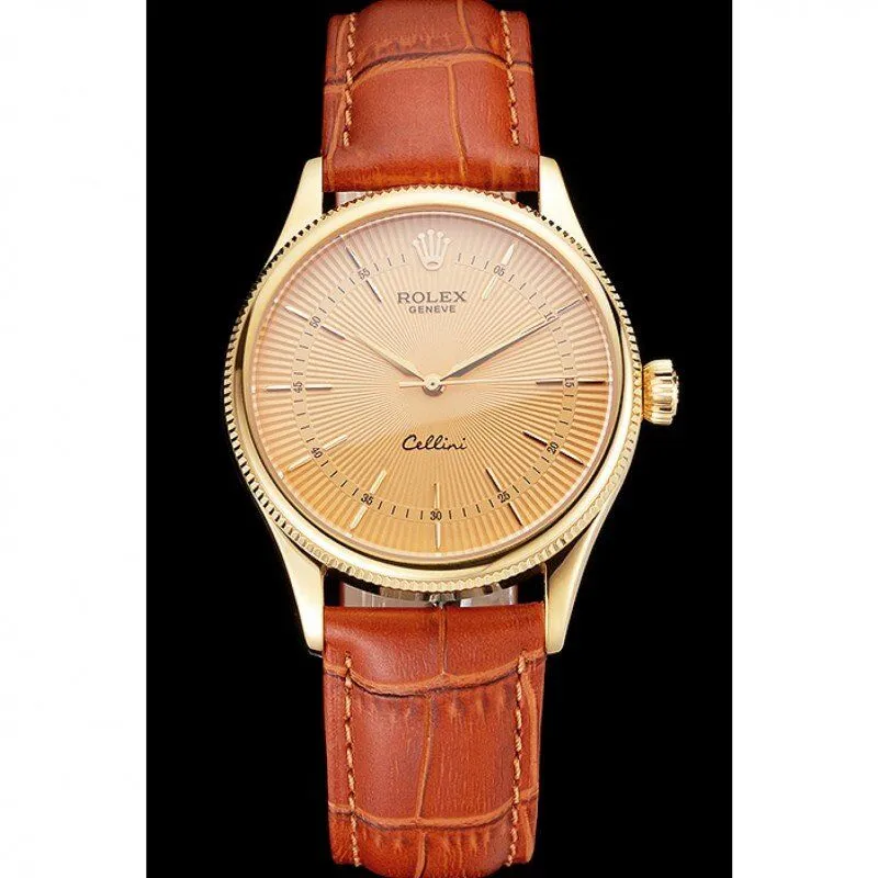 Swiss Cellini Gold Dial And Markings Gold Case Light Brown Leather Strap