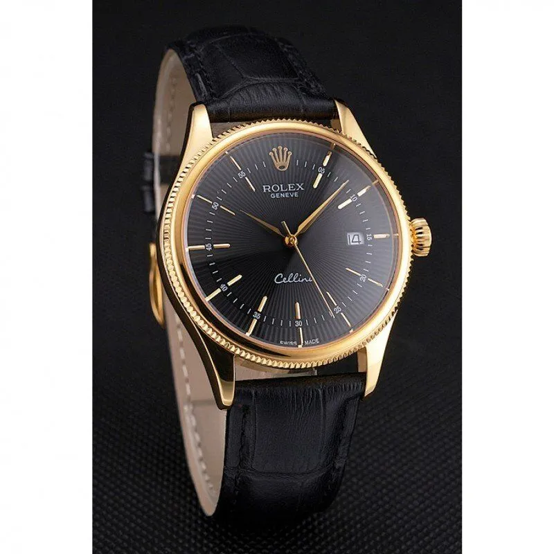 Cellini Date Black Dial Gold Case Black Leather Strap