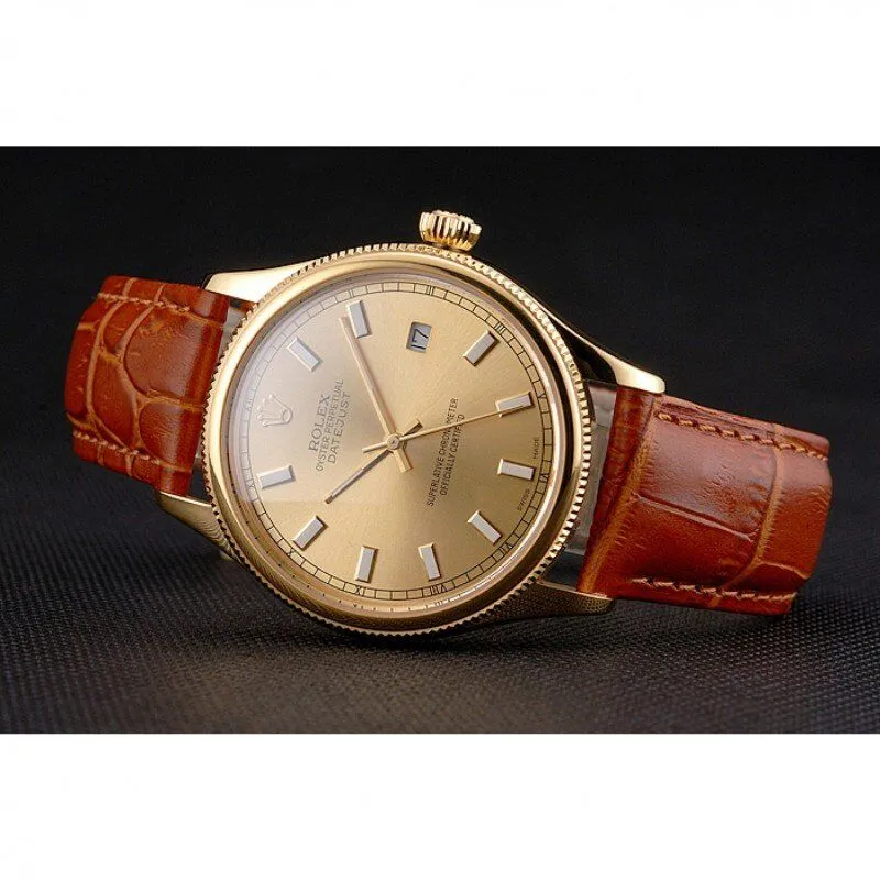 Datejust Gold Dial Gold Case Light Brown Leather Strap