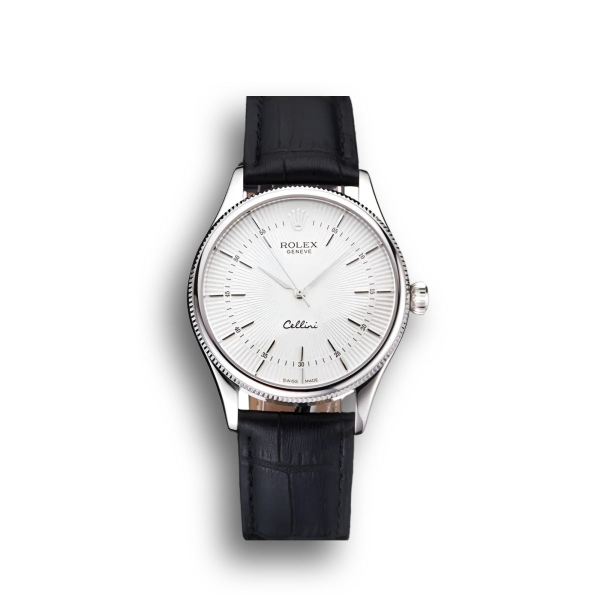Swiss Cellini White Guilloche Dial Stainless Steel Case Black Leather Strap