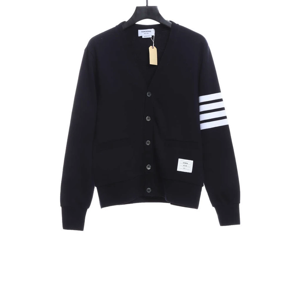 V-neck sweater fabric striped cardigan(Black /Grey)