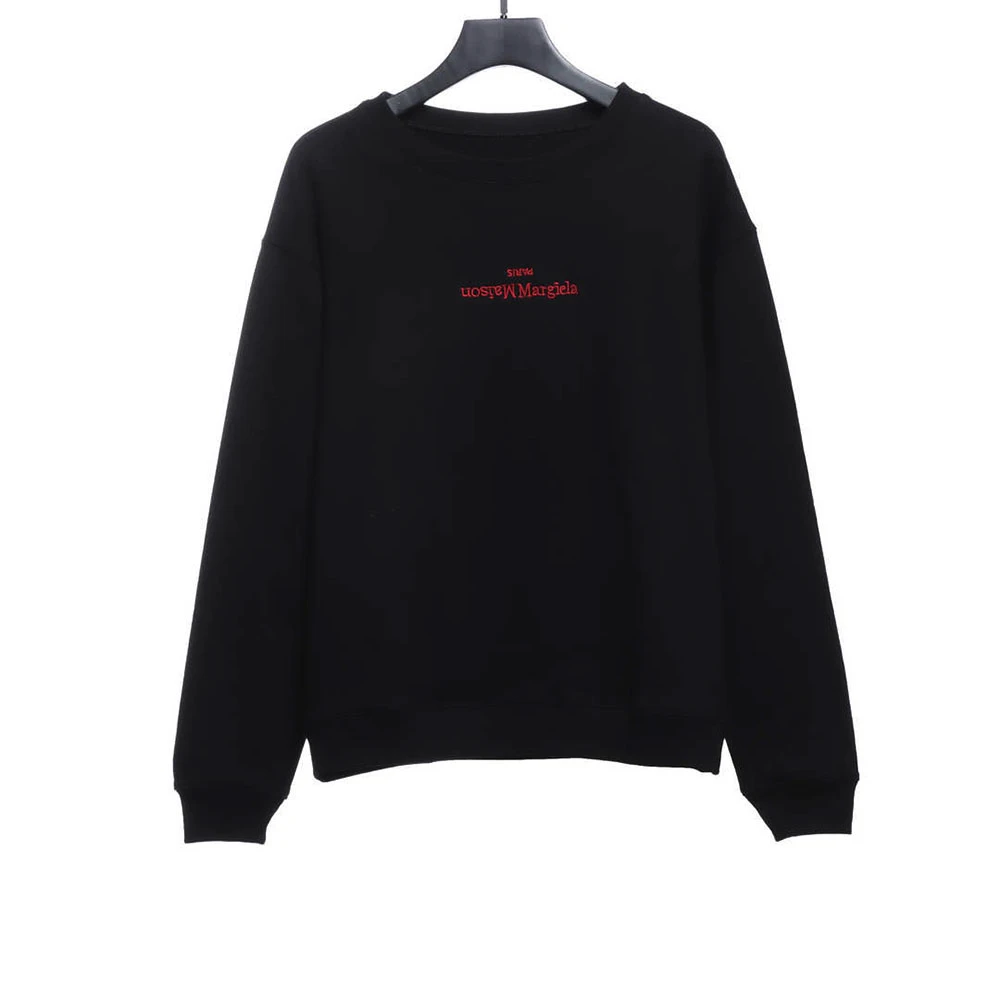 Red upside-down letter logo embroidery pullover crew neck sweatshirt