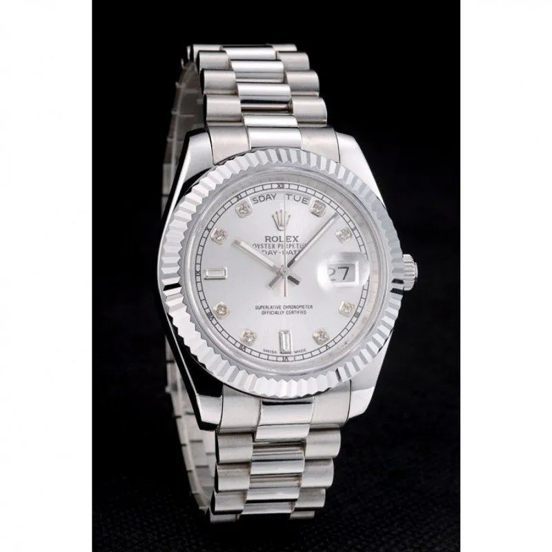 Swiss DayDate Stainless Steel Ribbed Bezel Silver Dial 41995