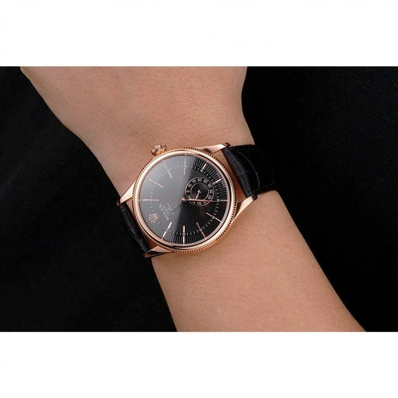 Swiss Cellini Black Dial Rose Gold Case Black Leather Strap