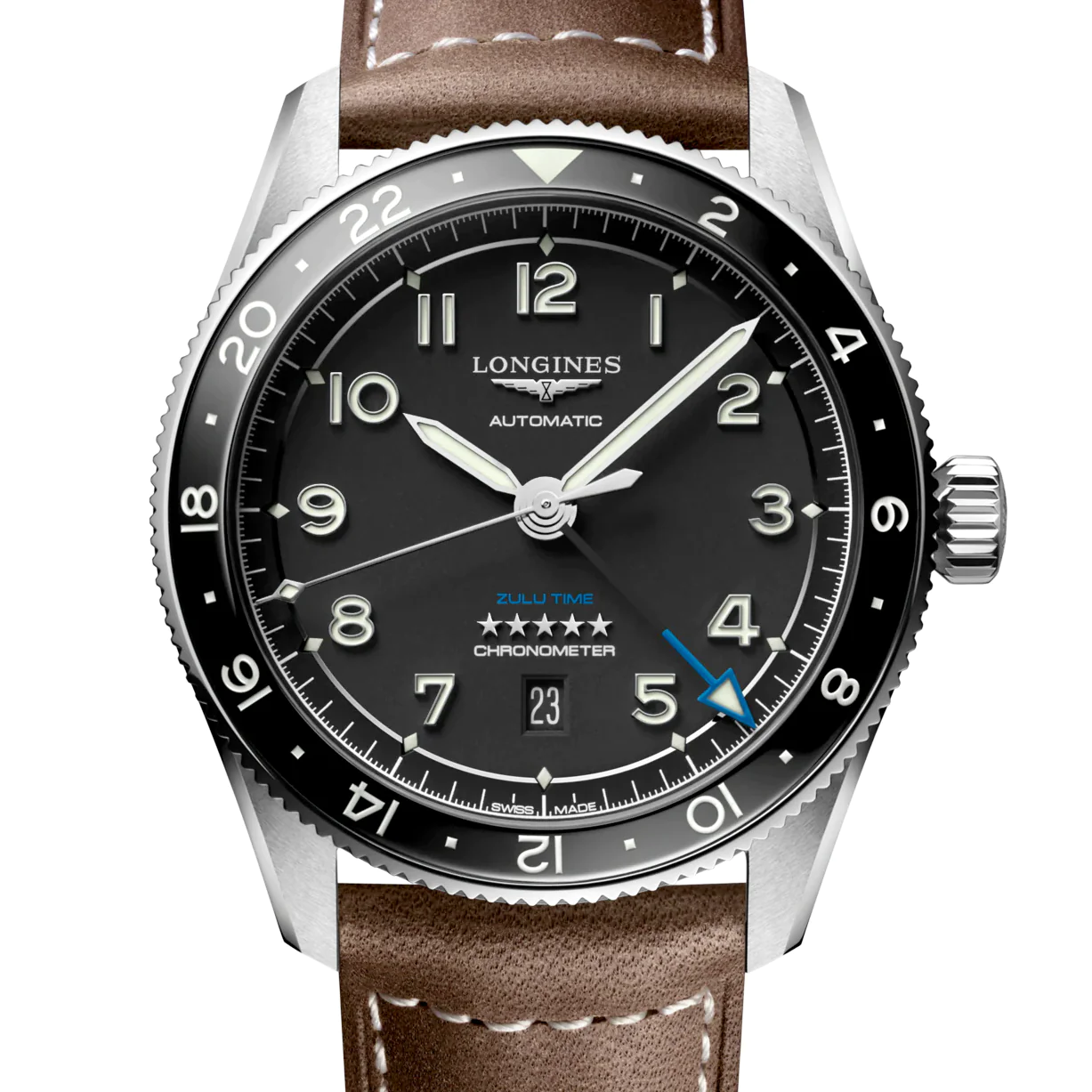 Spirit 42MM Zulu Time GMT Black Leather Steel Watch L38124532