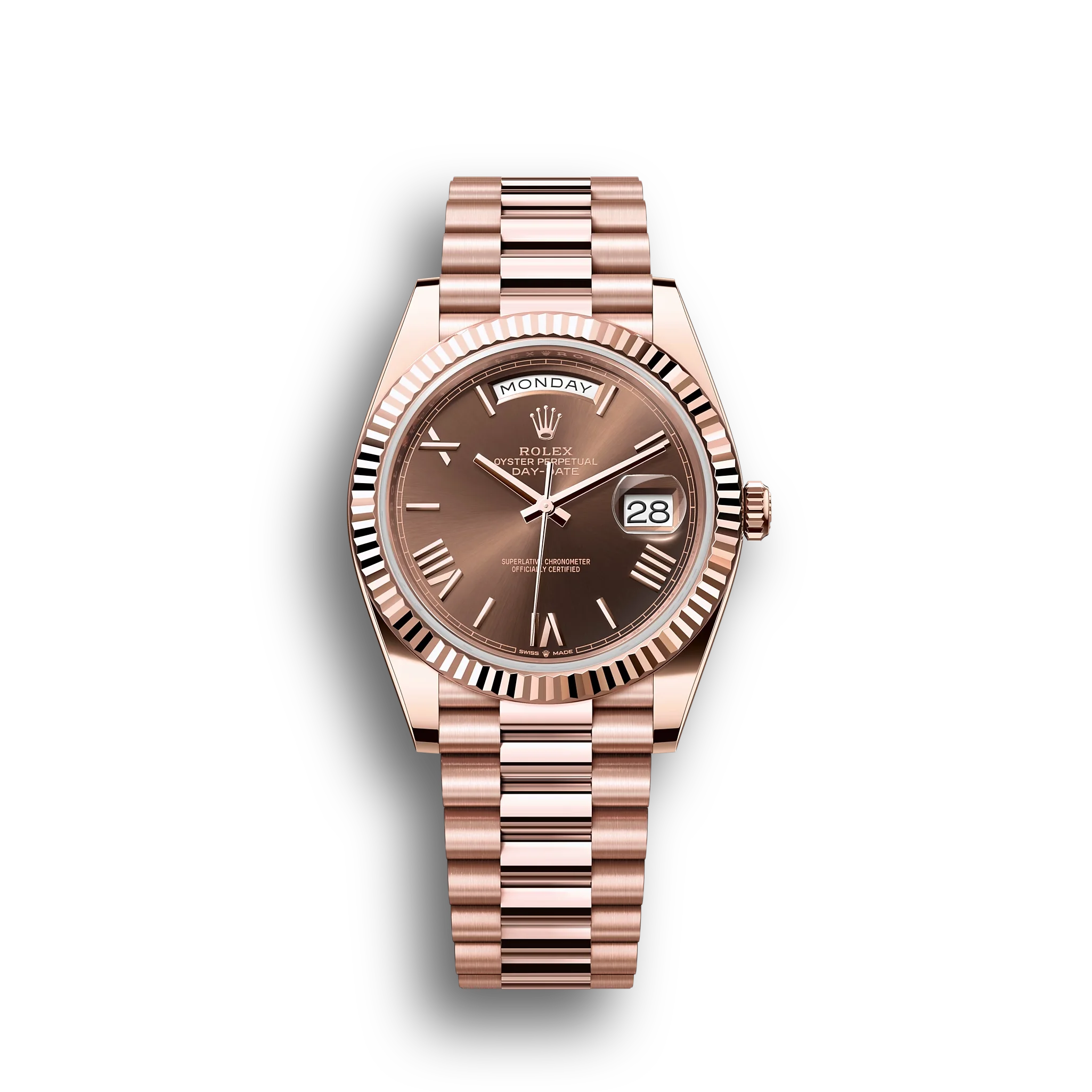 Day-Date: 40 Everose gold, chocolate dial, fluted bezel, President bracelet, m228235-0002