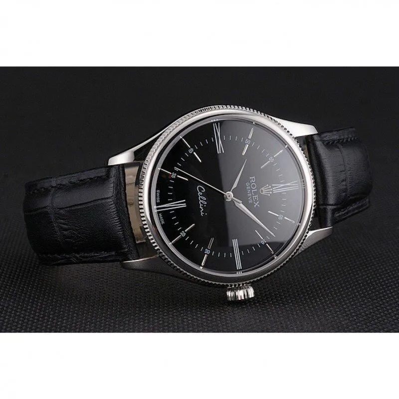 Swiss Cellini Black Dial Roman Numerals Stainless Steel Case Black Leather Strap