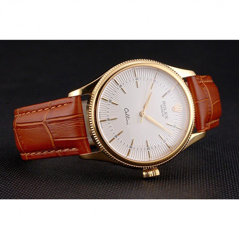 Swiss Cellini White Guilloche Dial Gold Case Light Brown Leather Strap