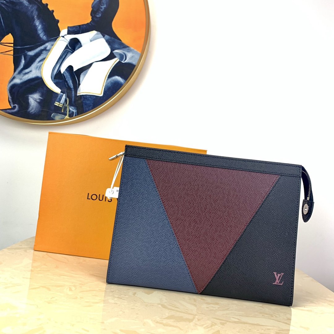 Louis Vuitton M30718 Pochette Voyage MM Burgundy Black and Navy Blue Taiga Leather