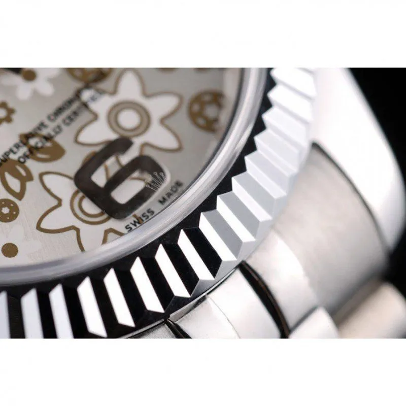 Swiss DateJust Stainless Steel Ribbed Bezel Flower Silver Dial 42001
