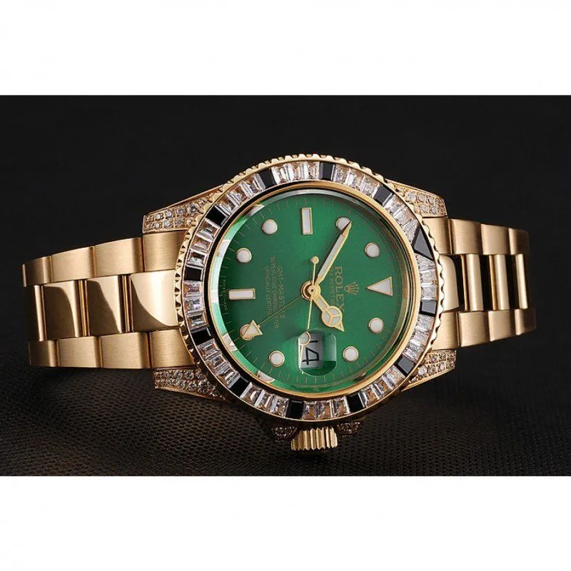 Swiss GMT Master II Green Dial Stone Set Bezel Gold Case And Bracelet 1453748