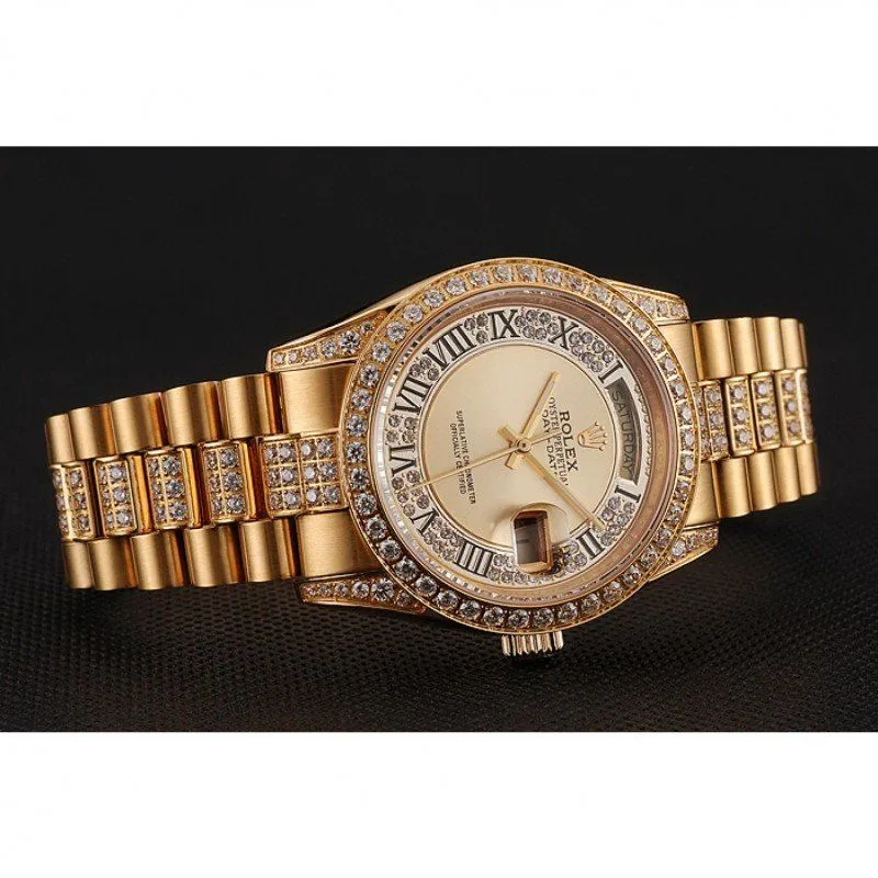 Swiss Day-Date Diamond Pave Gold Dial Gold Diamond Bracelet 1453954