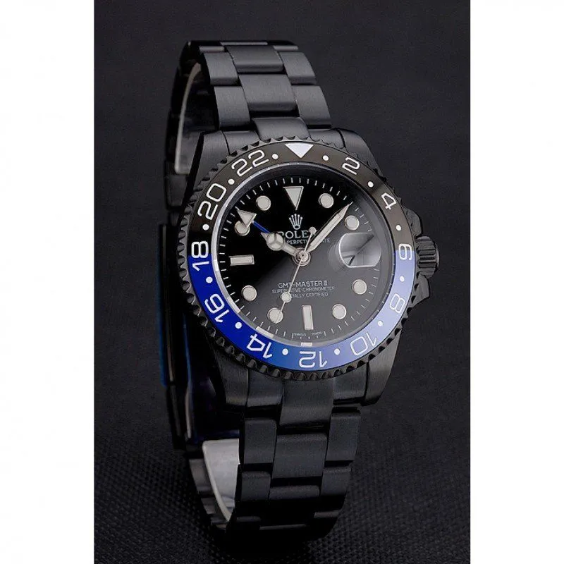 Swiss GMT Master II Black Dial Blue And Black Bezel Black PVD Case And Bracelet PR18239