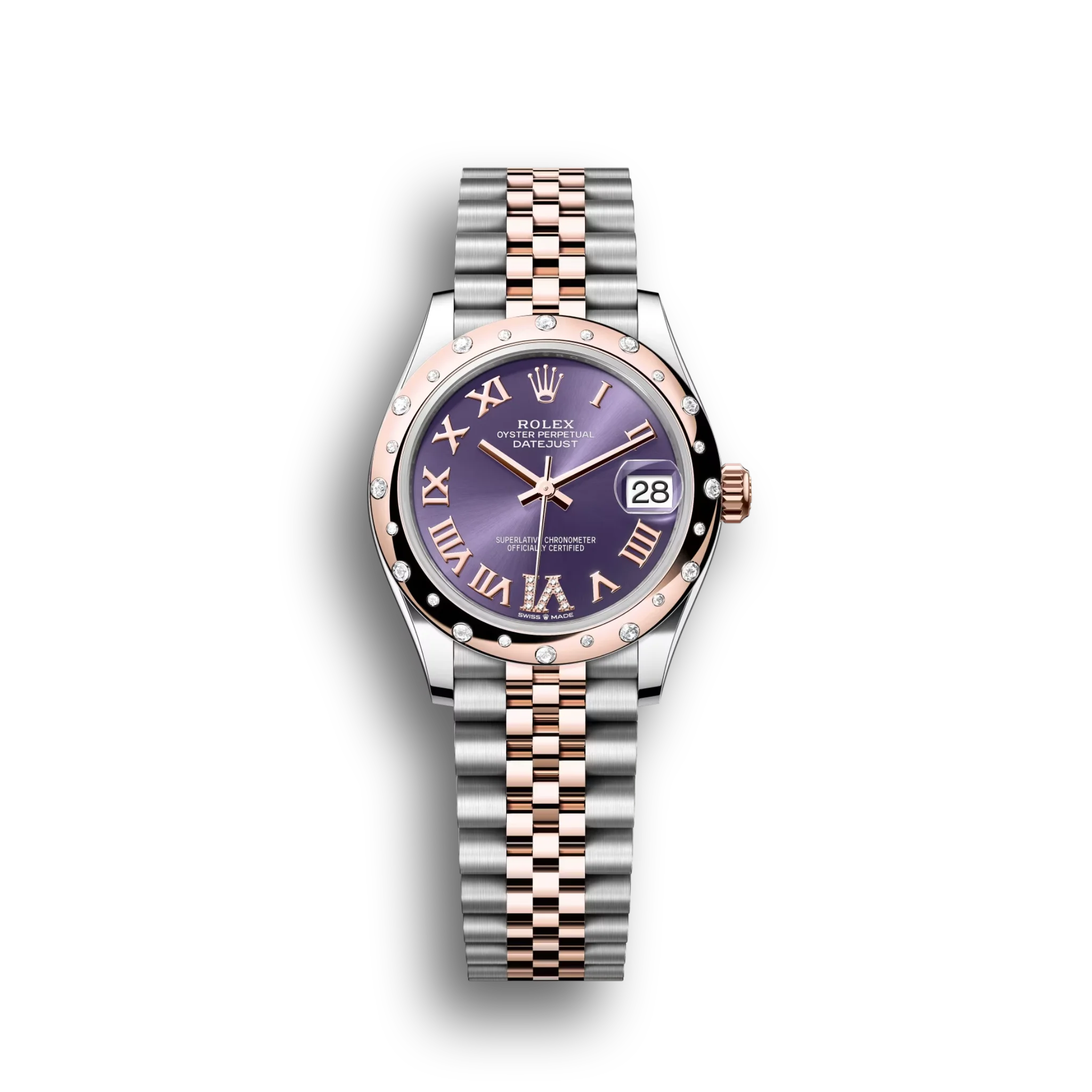 Datejust: Oystersteel and Everose gold, aubergine, diamond-set dial, Jubilee bracelet, m278341rbr-0020