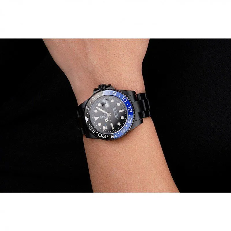 Swiss GMT Master II Black Dial Blue And Black Bezel Black PVD Case And Bracelet PR18239