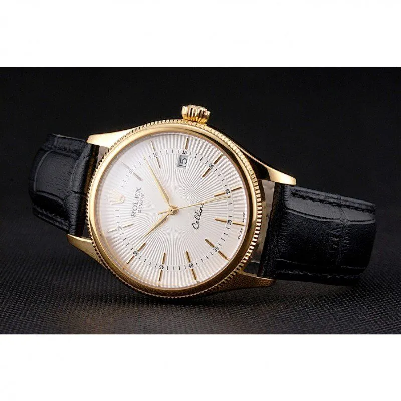 Swiss Cellini Date White Dial Gold Case Black Leather Strap
