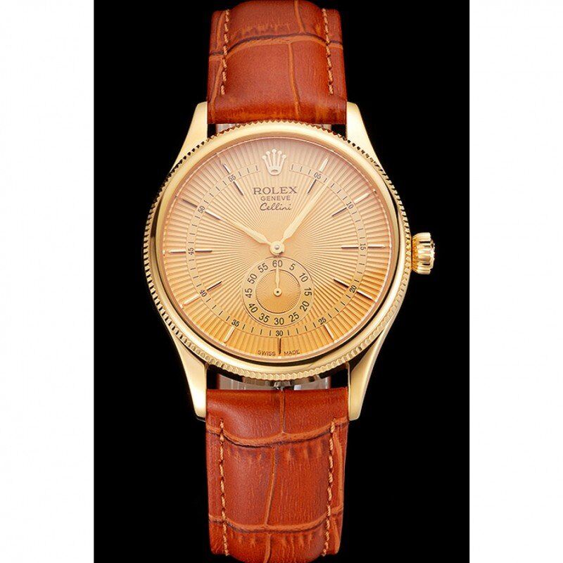 Swiss Cellini Gold Dial Gold Case Light Brown Leather Strap