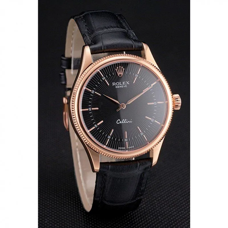 Swiss Cellini Black Dial Rose Gold Markings Rose Gold Case Black Leather Strap